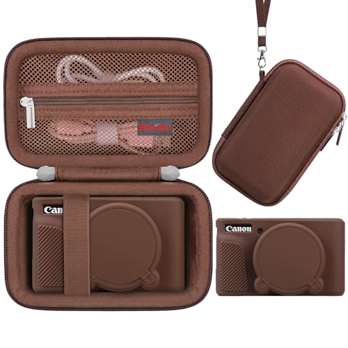 Image of Elonbo Camera Case for Canon PowerShot SX740 / SX730 Digital Camera, Canon SX740 / SX730 HS Hard Carrying Case + Soft Silicone Cover with Removable Lens Cover, Coffee Color
