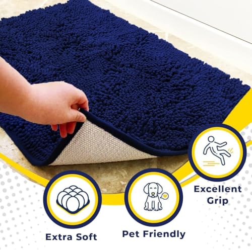 Muddy Mat® AS-SEEN-ON-TV Highly Absorbent Microfiber Dog Door Mat and Pet Rug, Non Slip Thick Washable Area and Bath Mat Soft Chenille for Kitchen Bathroom Bedroom and Indoor - Navy Blue XL 59"X35"