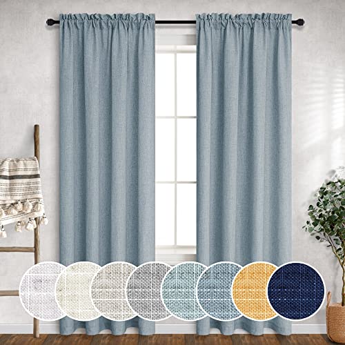 Grey Blue Curtains 84 Inch Length for Living Room 2 Panel Sets Rod Pocket Light Filtering Semi Sheer Linen Blend Country Blue Farmhouse Curtains for Bedroom Dining Dusty Blue Gray Drapes 52x84 Long