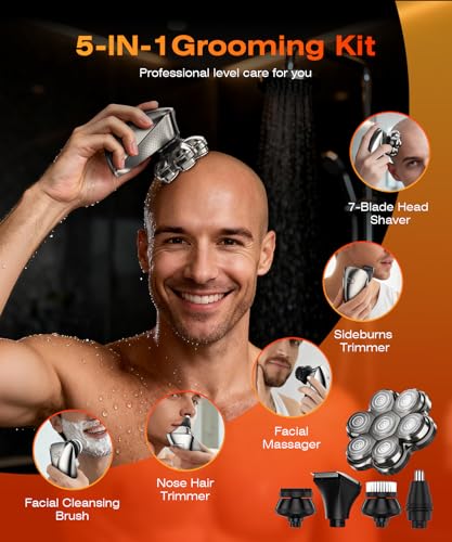 Image of 7D Head Shavers for Bald Men, Waterproof Wet or Dry Electric Razor for Men, 5-in-1 Detachable Head Shaver, Grooming Kit, LED Display /Type-C Charge, Travel-Friendly-Steel Gray