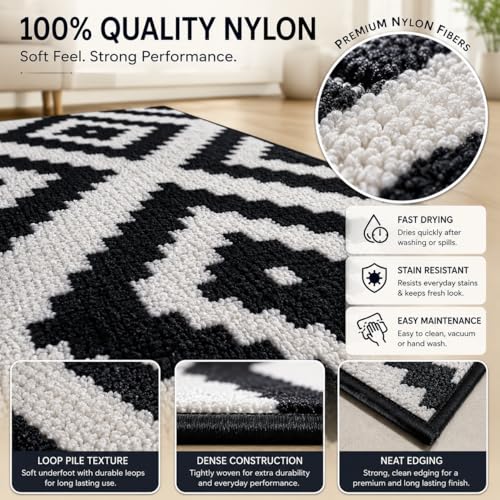 Image of Matz&More Pattern Jacquard Runner Mat | 50x120 CM | Black Offwhite | Nylon Tufted Gel Baking Anti-Slip | Doormat for Home Entrance, Kitchen & Bedroom