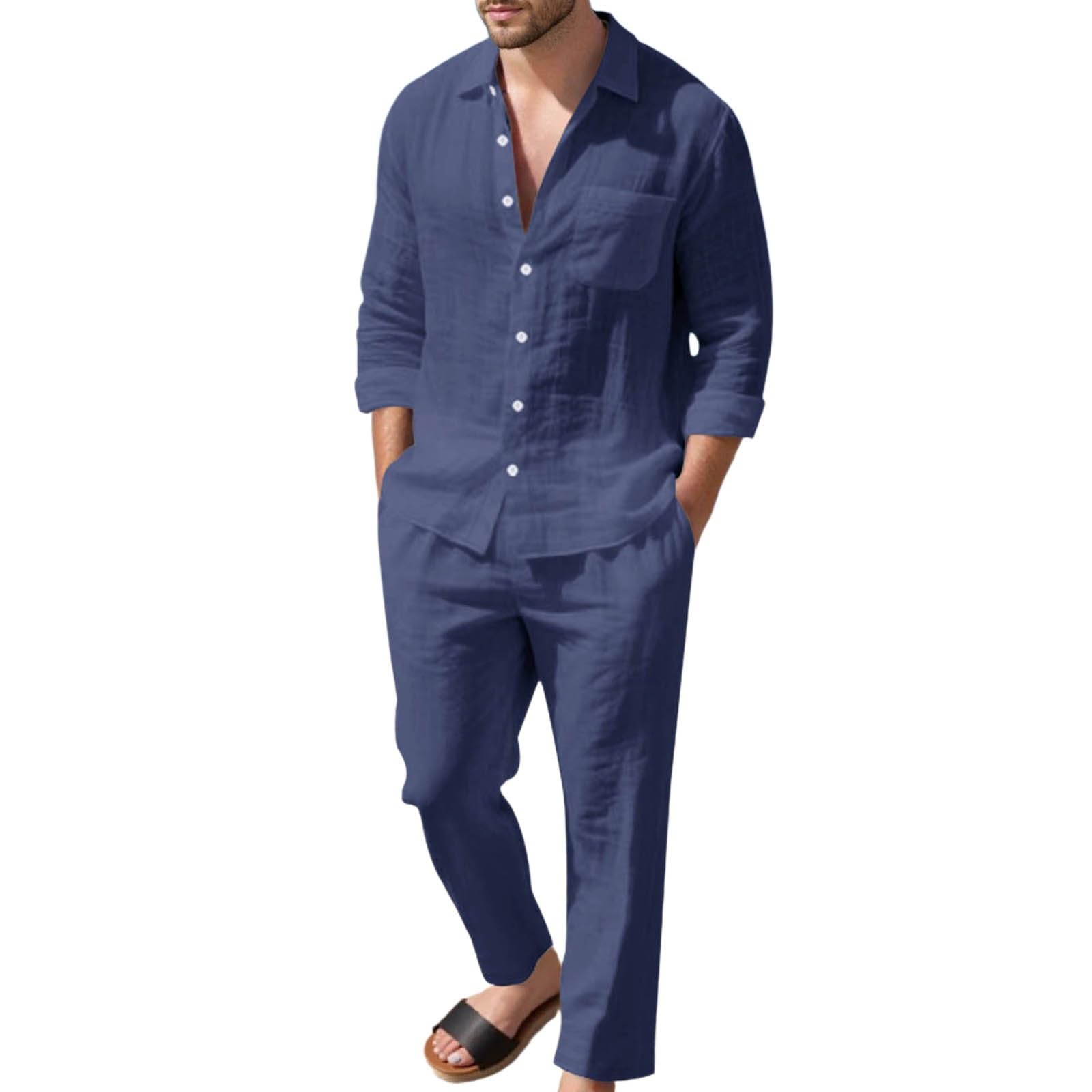 Pigiama lungo da uomo, in lino, estivo, leggero, in lino, tinta unita, da jogging, in cotone, 2 pezzi, camicia estiva e pantaloni lunghi
