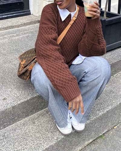 SUUKSESS Women Oversized Cable Knit Sweater Fall Long Sleeve Crew Neck Pullover Tops 20244