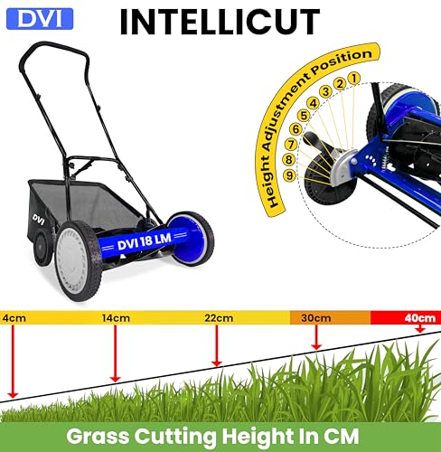 Image of DVI Manual Push Lawn Mower with 40L Premium Grass Catcher | 18-Inch Reel Push Grass Cutter Machine with 9-Position Height Adjustment with 5 Steel Resharpable Blades for Home, Garden and Yard.