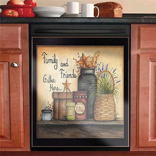 Country Family Dishwasher Cover Barn Star Sticker,Kitchen Decor Primitive Folk Art Refrigerator Decal Panels,Fridge Door Cover,Home Appliances Decor Stickers 23"Wx26"H