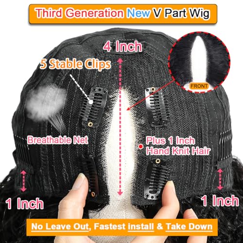 Image of V Part Wig Human Hair Kinky Curly Natural Black 18 Inch | Curly Human Hair Wig Upgrade U Part Human Hair Wigs for Black Women Glueless Wig Wear and Go 180 Density