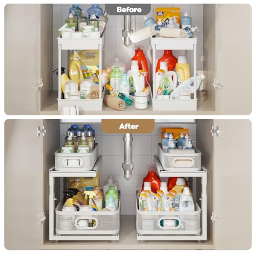 Image of 2 Pack 21IN-Depth Under Sink Organizer With Next-Gen Ball-Bearing Slides,2-Tier Precision Mesh Pull Out Cabinet Storage for Bathroom&Kitchen,Height Adjustable Drawers Shelf,Anti-rust-White