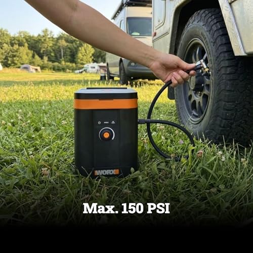 Image of WORX Tire Inflator Portable Air Compressor, 20V Cordless Air Pump for Car Tires, Motorcycle & Balls, 150 PSI Bike Tire Pump with Digital Pressure Gauge, Battery & Charger Included, WX098L