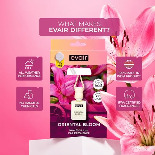 Image of Evair Car Air Freshener with Essential Oils Fragrance in Glass Bottle with Wooden Diffuser Lid | 10 ml - Pack of 1 (Oriental Bloom)