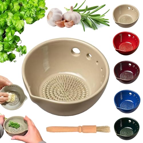 Handmade Garlic Grater X Herb Bowl,2-in-1 Stoneware Kitchen Tool with 7/5 Hole Sizes,Efficient Stoneware Herb Stripping Tool,Effortless Kitchen Prep and Minimal Mess (Five-Hole-beige)
