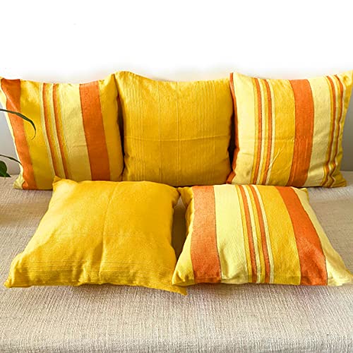 Image of RANGBHAR Handloom Cotton Cushion Covers with Concealed Top Zip, Striped /Solid Cushion Covers for Living Room, 16 x 16 inch, Yellow, Pack of 5, 220 TC
