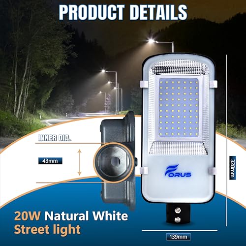 Image of Forus 20W LED Street Light with Clamp, IP66 Waterproof Outdoor LED Street Light, High Lumen 2400lm Natural White, Aluminium Body for Road, Parking Lot, Garden & Industrial Outdoor Lighting (1 Pc)