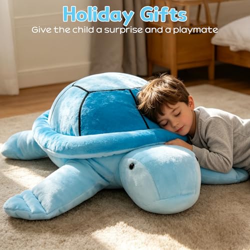 Image of MorisMos 33Inch Giant Blue Sea Turtle Stuffed Animal, Large Turtle Plush Pillow, Soft Ocean Animal Plush Toy for Kids, Big Turtle Plushie for Bed Sofa Room Decor, Birthday Gift
