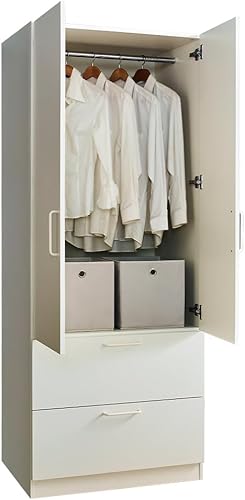 Miniatura 4 de Two Door Wood Closet with Two Drawers and Hanging Bars in White