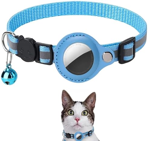 猫 AirTag ホルダー 首輪 分離 反射 ストリップ 調節可能 子猫 首輪 防水 猫 ベル 首輪 ペット エアタグ ケース (ブルー)
