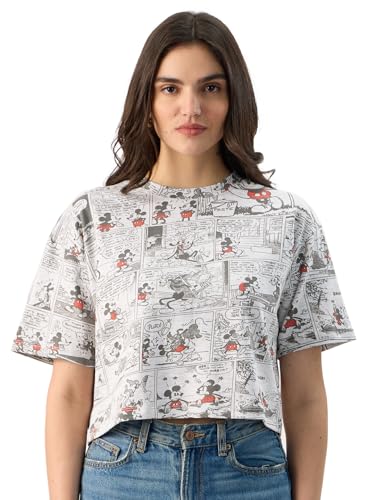 Image of The Souled Store Official Mickey Mouse: Comic Pattern Women and Girls Short Sleeve Round Neck Grey All Over Print Oversized Fit Cropped T-Shirts