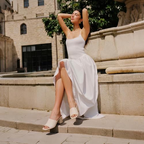 Image of Ancomafio Heeled Sandals for Women，Raffia Sandals 2026 Chunky Heels Square Toe Mules Block Summer Shoes Slip On