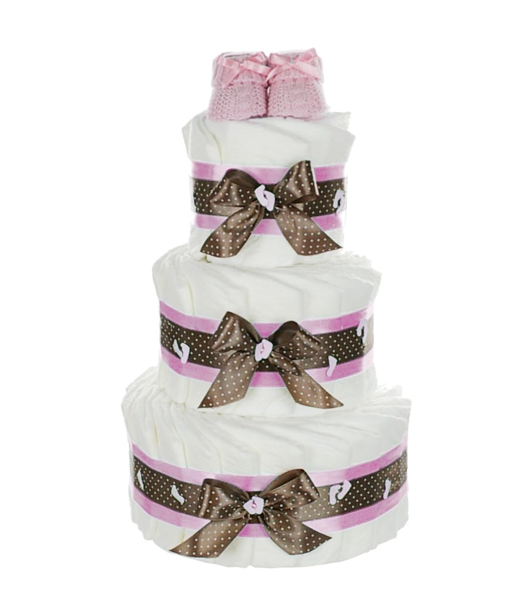 Große Windeltorte mit Babybooties rosa | Geschenk zur Geburt, Babyparty und Babyshower / 3-stöckig
