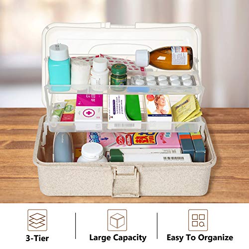 Image of 3-Tier First Aid Box, Portable Medicine Storage with Handle, Emergency Family Medical Organizer Container for Car, Home, School, Travel, Camping, Hiking