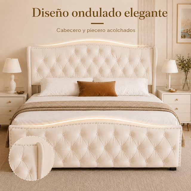 Cama 140x200 cm con canapé abatible y somier de láminas, Cama de Matrimonio tapizada, cabecero capitoné Chesterfield, Apertura hidráulica, Estructura metálica, Terciopelo Beige sin colchón