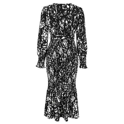 Robe longue col en V impression tendance mode avec ceinture M