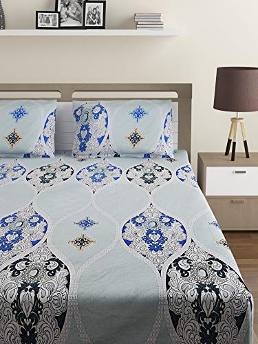 Image of Swayam Pure Cotton King Fitted Bedsheet with 2 Pillow Covers | Size 72 x 78 x 10 inch | 160 TC | Ethnic Motifs Design | Soft Breathable Bed Sheet | Comfortable & Durable for Bedroom - Grey