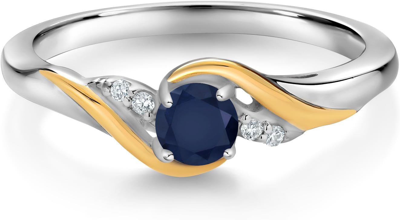 Gem Stone King Round Blue Sapphire and White Lab Grown Diamond Engagement Ring For Women | 0.38 Cttw | Gemstone Birthstone | 925 Sterling Silver and 10K Yellow Gold | Available In Size 5, 6, 7, 8, 9