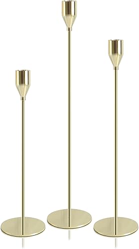 Portavelas dorados, juego de 3 portavelas para centro de mesa, chimenea, gabinete, portavelas cónicos de metal de latón para creador de atmósfera