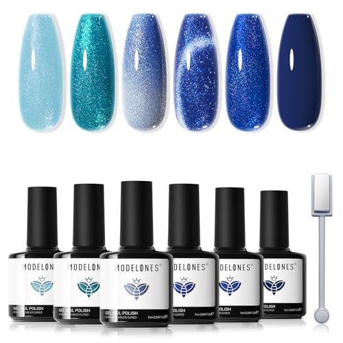 modelones Blue Gel Nail Polish Set, 6 Colors Cat Eye Glitter Color Changing Chameleon Gel Polish Kit with Magnet Snow Stickers Soak Off Led Nail Art Manicure Salon DIY Holiday Gifts