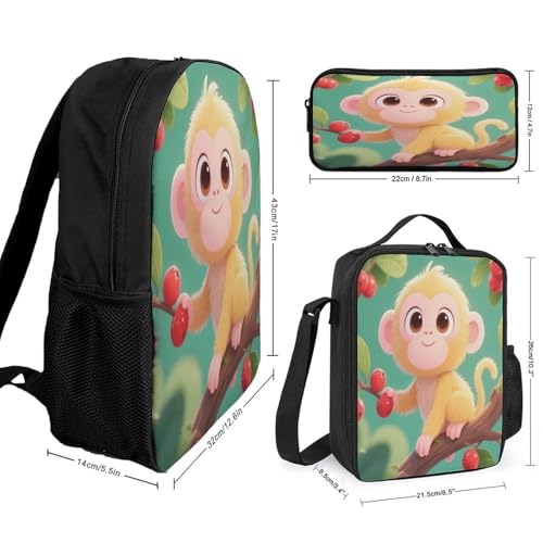 Printed Backpack With Lunch Pack Storage Box Case Little Monkey 3pcs Lightweight Travel Backpack2