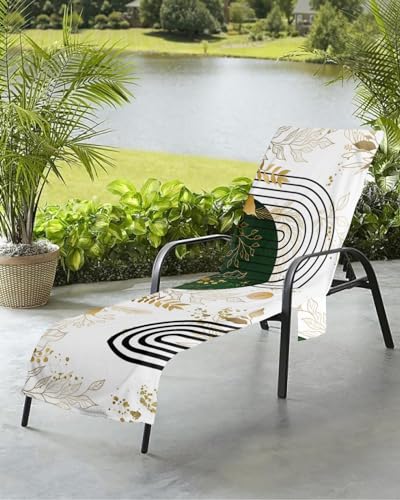 Beach Pool Patio Lounge Chaise Chair Cover Towel with Pockets,Boho Gold Leaves Absorbent & Quick Dry Microfiber Towel Cover Bag Summer Travel Accessories Luxurious Black White Geometric Stripes