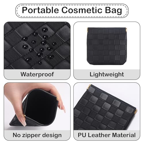 Sightor 2PCS Small Makeup Bag for Purse, Mini Cosmetic Bag Waterproof Pouch for Women, Checkered Purse Self-closing Small Travel Kit Coin Lipstick Cosmetic Storage Bag (Black, Beige)4