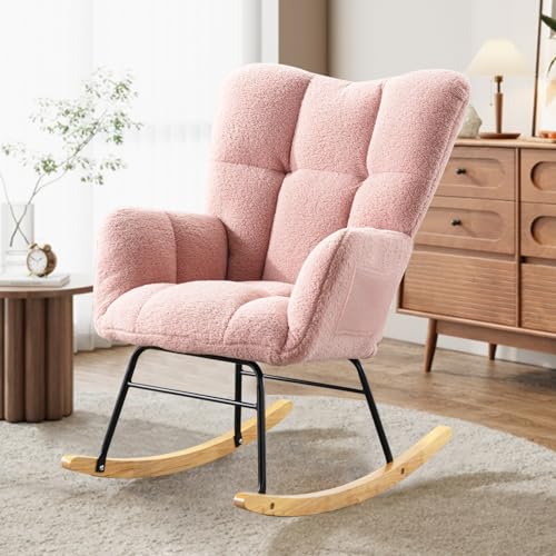 Image of SOARMOTE Nursery Rocking Chair Teddy Upholstered Padded Seat Rocking Chair High Backrest Glider Accent Chair for Bedroom Office Living Room (Pink)