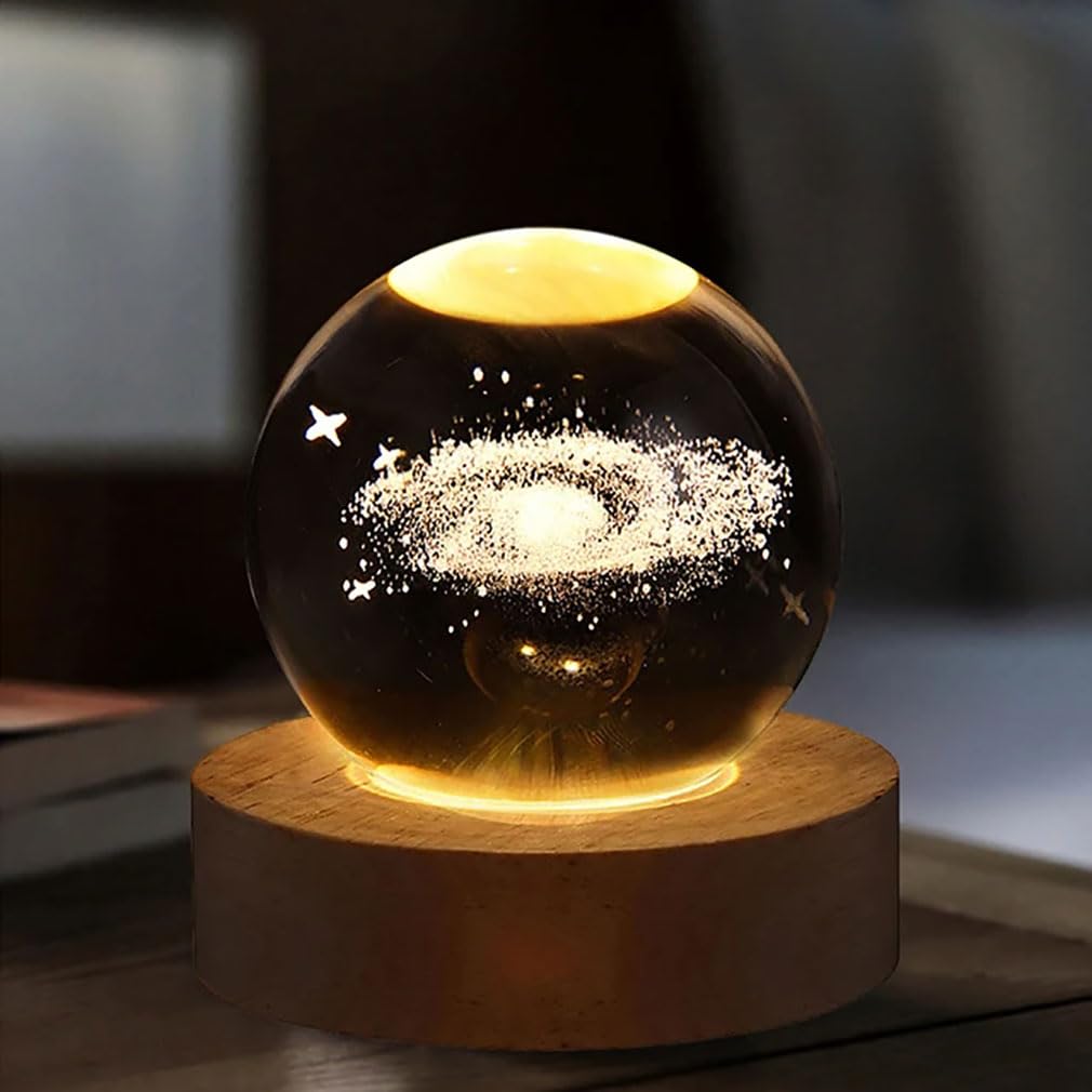 Ludosphere 3D Planet Night Light with Wooden Base - Solar System Crystal Ball Lamp for Home Decor