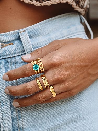 Gold Simulated Emerald/Paraiba Ring for Women Solitaire 8MM Round Cut 14K Gold Plated Minimalist Stack Knot Enhancer Guard Twisted Band Finger Jewelry Size 6-82