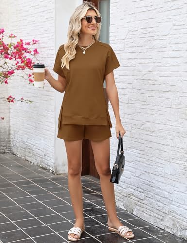 Image of LOMON Womens Fashion 2 Piece Outfits Sweatsuits 2026 Summer Short Sleeve Loungewear Tracksuit Round Neck Lounge Shorts Sets