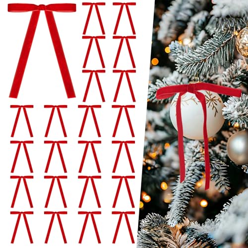 Miaikoe 24 Stück Samt Bügen für Weihnachtsbaum Rustikale Samt Weihnachtsornamente Rustikale Bügen für Tür Girande Kranz Geschenk Party Dekoration (Breite von 1cm, Rot)