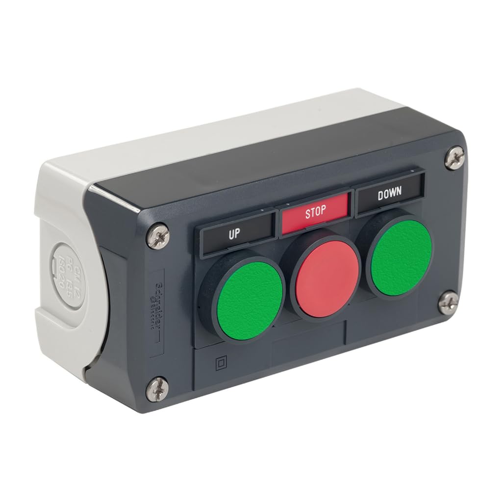 Boîte à 3 boutons poussoirs vert rouge vert avec étiquette UP