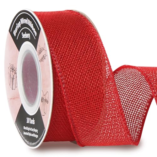 Burlap Wired Ribbon 1-1/2 Inch x 10 Yards Solid Wired Edge Ribbon for Big Bows, Wreaths, Outdoor Decoration, Gift Wrapping, Fall Crafts, Flower Bouquets, Garland (Red)