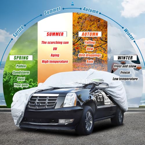 Image of Car Cover Waterproof All Weather for Compatible with Cadillac Escalade 2007-2014 Accessories, Full Exterior Outdoor Covers Rain Snow UV Sun Hail Protector with Contractible Hem (Sliver)