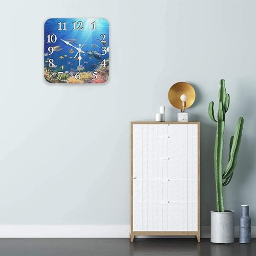 Miniatura 3 de Britimes Reloj de pared, cuadrado, silencioso, sin tictac, funciona con pilas, 12 pulgadas, arrecife de coral submarino, peces tropicales,