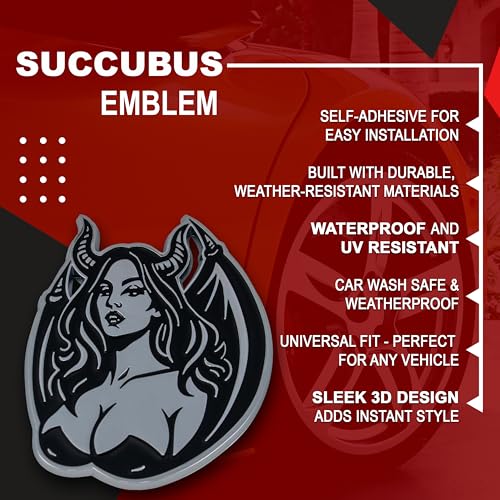 Image of Succubus Emblem, Devil Girl Demon Goddess 3D Badge, Dark Gothic Lilith Style Auto, Custom 3D Exterior Automotive Accessories, Universal Fit for Car, Truck, SUV (Set of 2) (Chrome)