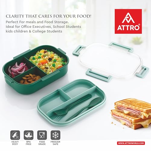Image of ATTRO Carry Fresh Kids Plastic Lunch Box 3 Compartments & Fork, BPA-Free, Food-Grade, Ideal for School, Picnic, Travel & Outdoor Use- Green, 500 ml