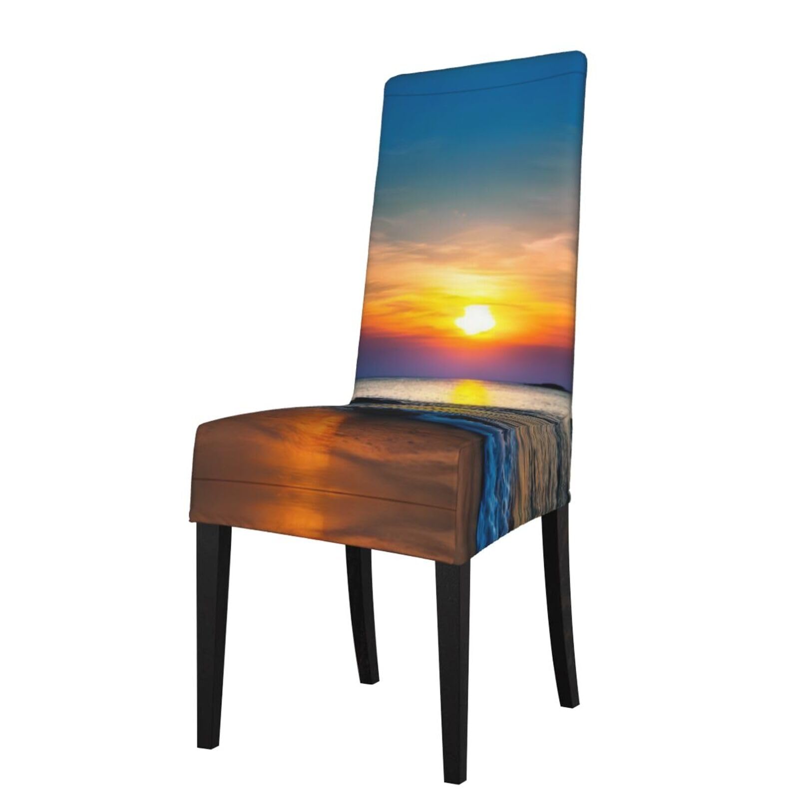 Hlsbssl Black Beach And Sunset Printed Dining Chair Covers, Fully Enclosed, Removable And Washable, Suitable For Family Banquets And Celebrations