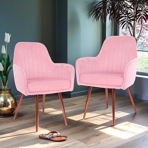 Image of Set of 2 Accent Chair for Living Room | Modern Armchair in Soft Velvet Fabric with Sturdy Legs | Premium Chair for Home Living Room Bedroom Restaurent | (Bronze Legs, Baby Pink)