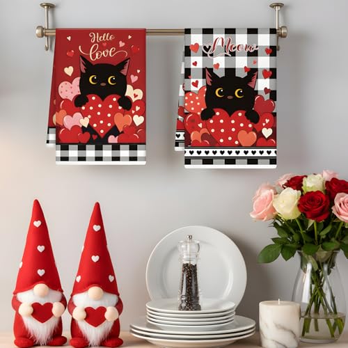 Image of Valentines Day Kitchen Towels, 4 PCS Black Cat Red Heart Dish Towels, Absorbent Hello Love Dish Cloth Hand Towel for Kitchen Anniversary Wedding Valentines Decoration Housewarming Gifts