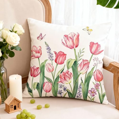 2 Stück Kissenbezug Frühlingsdeko 50x50cm, Tulpe Blumen Blätter Frühling Kissenbezüge mit Lavendel Muster, Leinen Kissenhülle Frühjahr, Sommer Frühlingdeko für Wohnzimmer Schlafzimmer Sofa Decoration