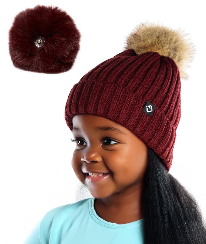 Funky Junque Toddler Winter Hat with Detachable Pom Poms, Warm Knitted Beanie Cap, Stretchy Fit for Girls and Boys Ages 1-6