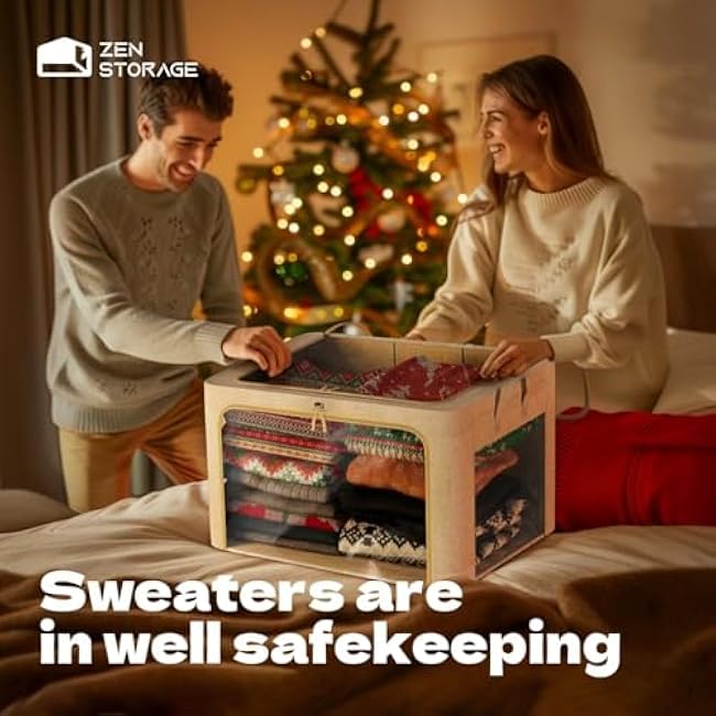 3Pack 60L Large Cloth Storage Bins with Metal Frame, Linen Storage Box with Clear Window, Stackable Sweater Storage for Closet, Clothes Containers for Comforters, Blankets, Quilts, T-shirt