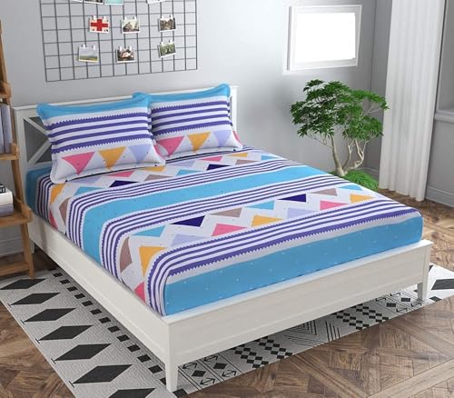 Image of Cotton Feel All Around Elastic Fitted Bedsheet Set for Double Bed Queen Size with 2 Pillow Covers (60 inch x 78 inch inches,White Blue)